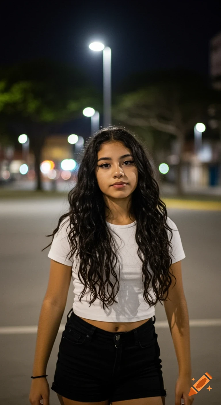 Young Latina girl with long dark curly hair, white crop top, and black shorts stands on a street at night under bright streetlights. Photorealistic.