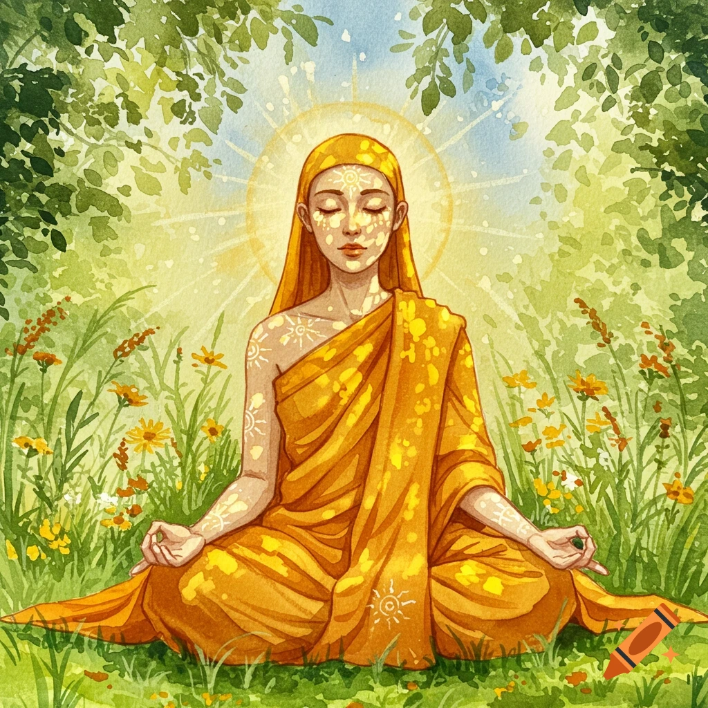 Watercolor painting of a serene woman in a yellow robe meditating in nature, with sun-like patterns and a halo.