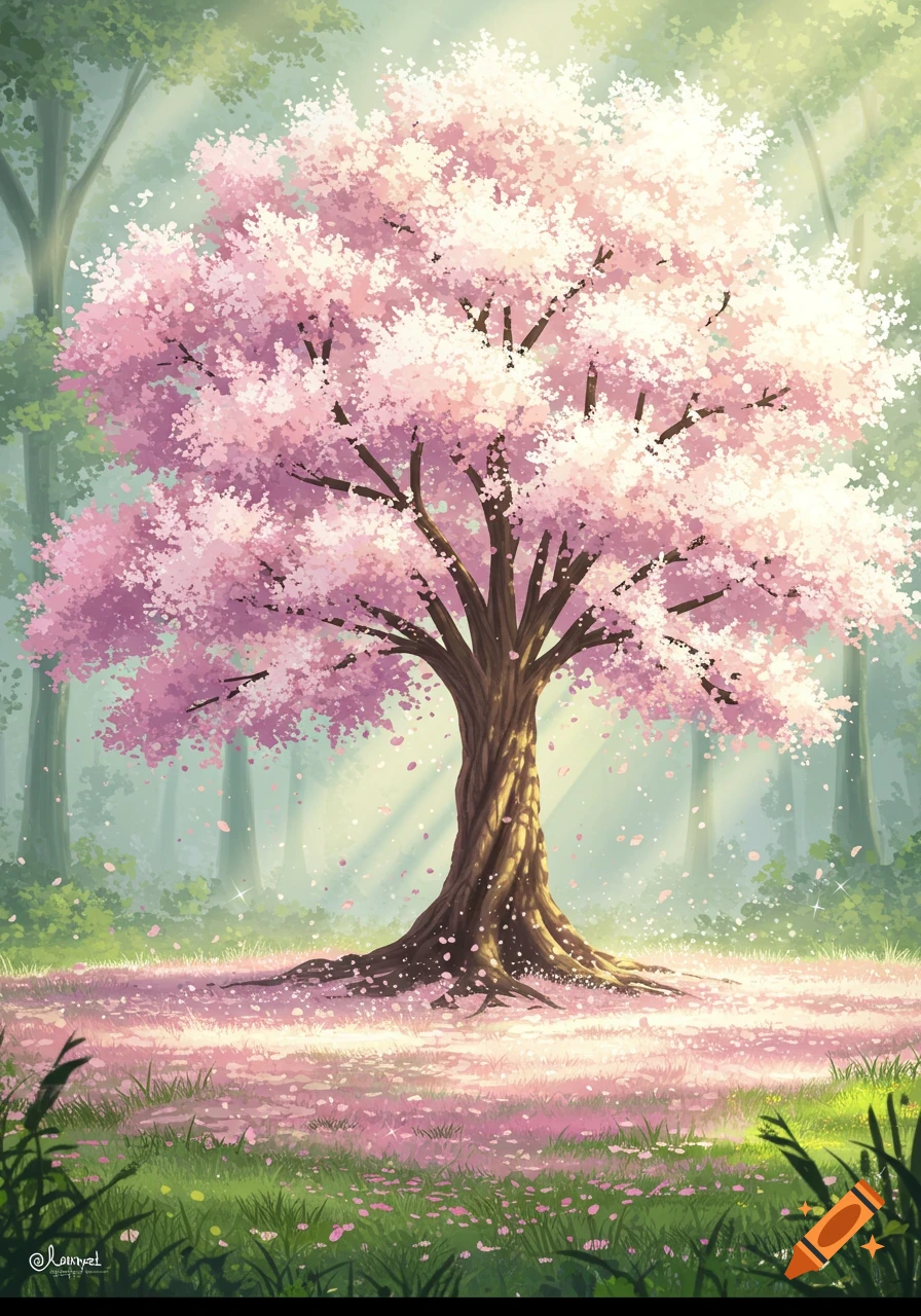 A vibrant, stylized illustration of a cherry blossom tree with pink and white flowers shedding petals onto a grassy forest floor, bathed in soft light rays.