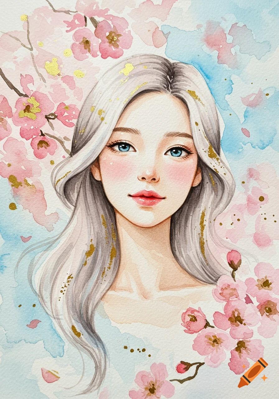 Watercolor portrait of a woman with long silver hair and blue eyes, surrounded by pink cherry blossoms on a light blue background.
