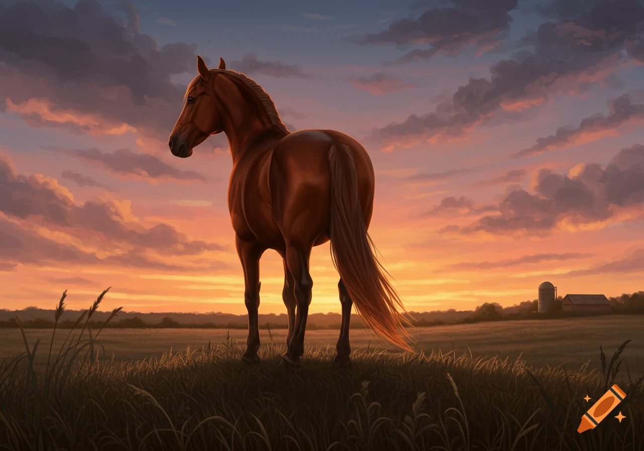 A brown horse stands in a grassy field at sunset, looking away. In the distance, a silo and barn are visible.
