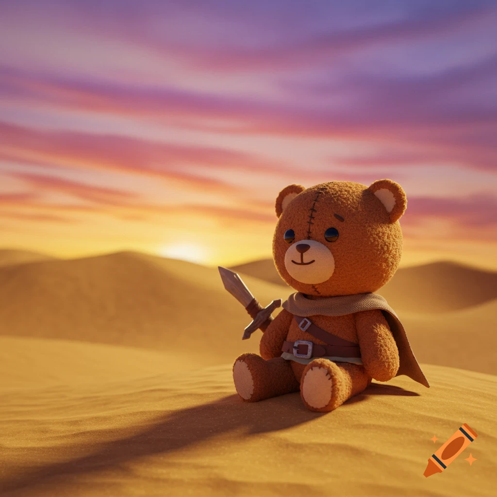 A cute 3D-rendered teddy bear warrior in a sand-colored cloak and sword sits on a golden desert dune at sunset.