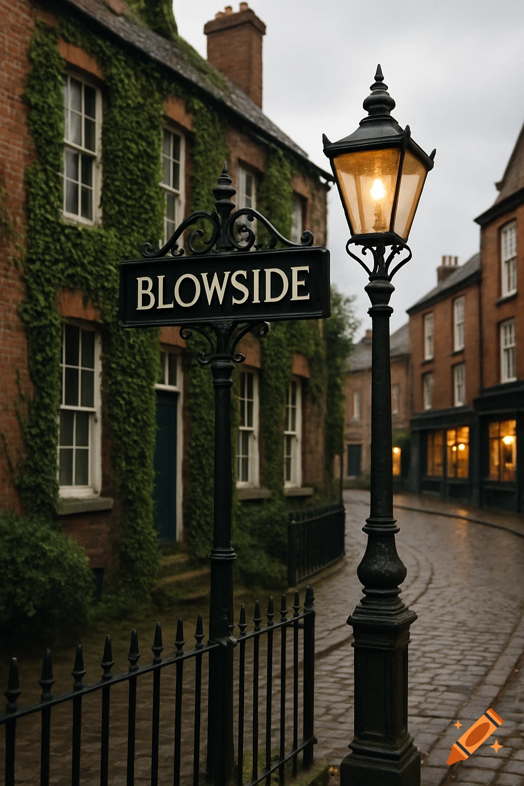 A cobblestone street in the UK with ivy-covered brick buildings, an illuminated lamppost, and a street sign labeled 'BLOWSIDE'.