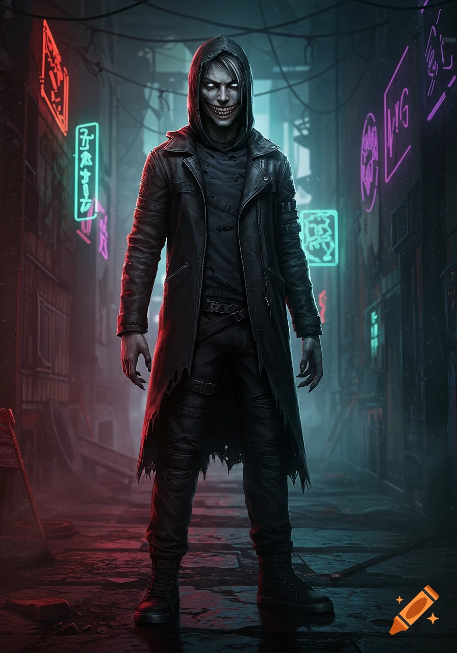 A creepy hooded figure with a wide, toothy grin and glowing eyes stands in a neon-lit cyberpunk alley.