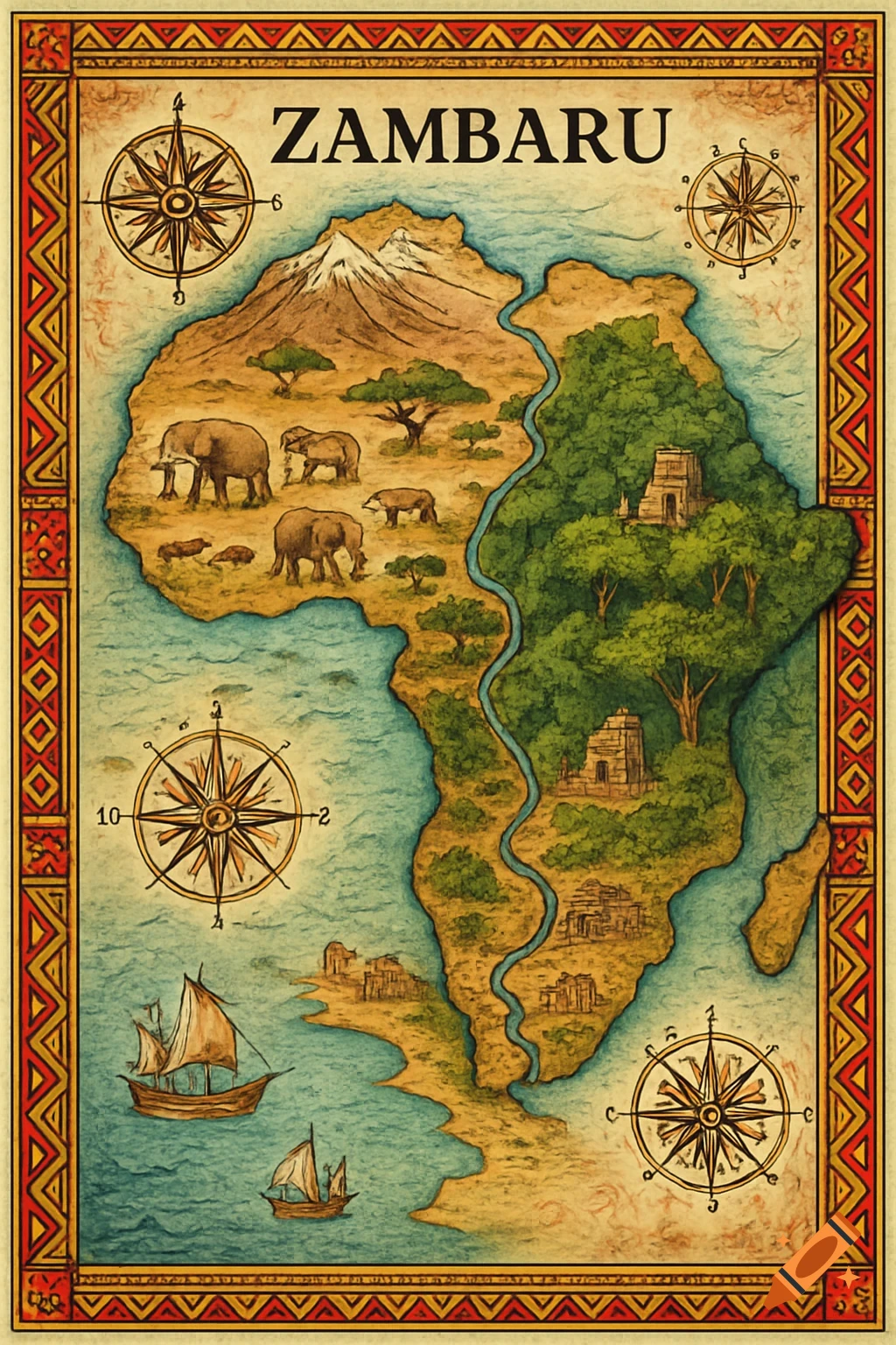 A stylized map of the fictional continent Zambaru, showing diverse landscapes with elephants, mountains, jungles, ruins, and ships, framed by an ornate border.