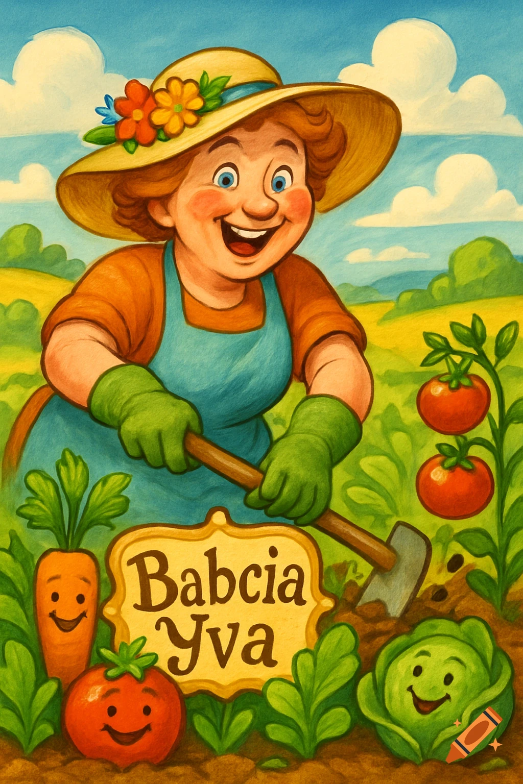 A joyful cartoony gardener woman with a straw hat and green gloves tills soil among smiling vegetables like carrots, tomatoes, and cabbage, with a sign reading "Babcia Yva".