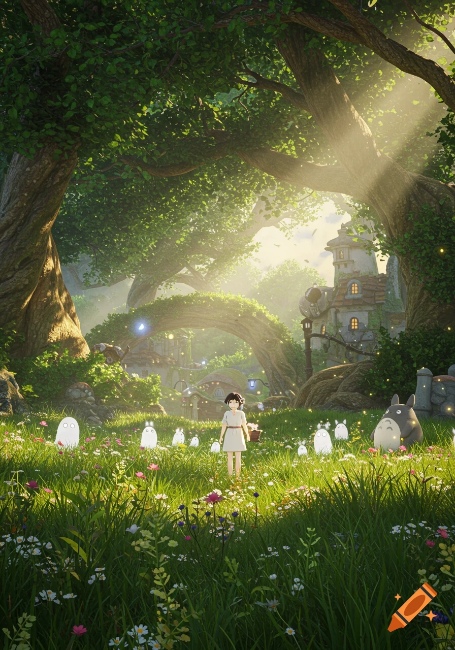 An anime girl stands in a sunlit fantasy forest clearing with white spirit creatures, a large grey Totoro, and whimsical buildings.