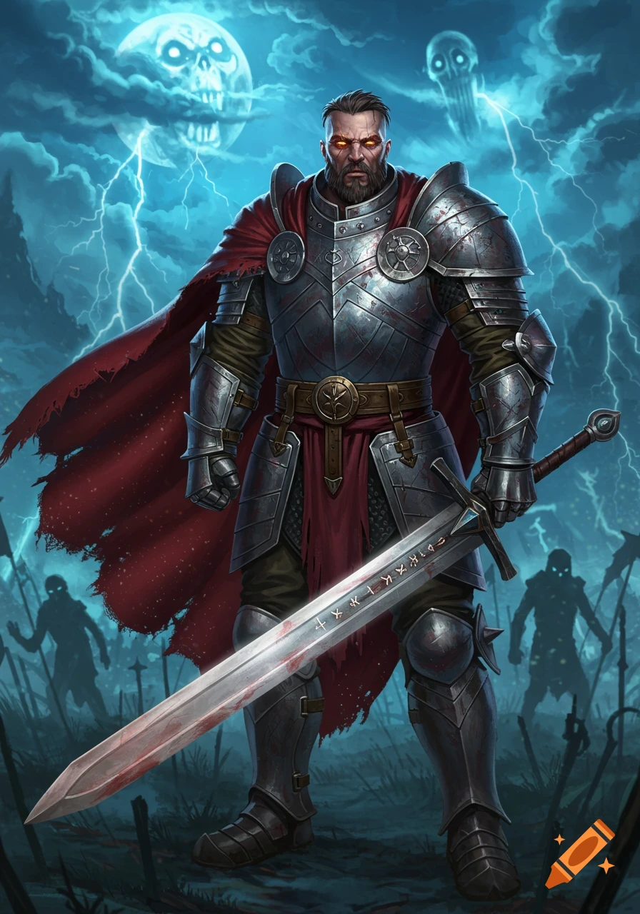 A heavily armored fantasy warrior with glowing eyes holds a bloodied sword under a stormy, lightning-filled sky with a skull-like moon and ghostly figures.
