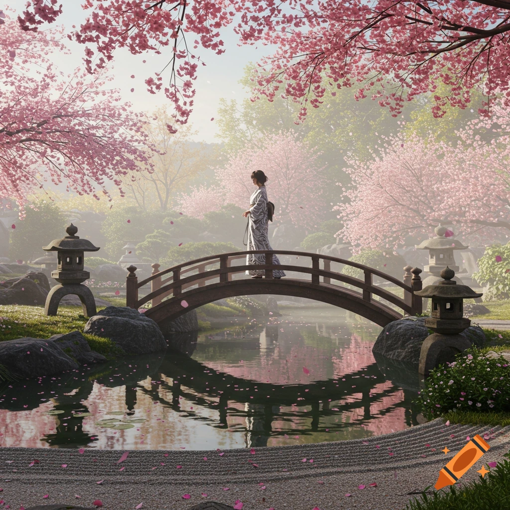 A woman in a kimono walks across a wooden bridge over a pond, surrounded by pink cherry blossoms in a tranquil Japanese garden.