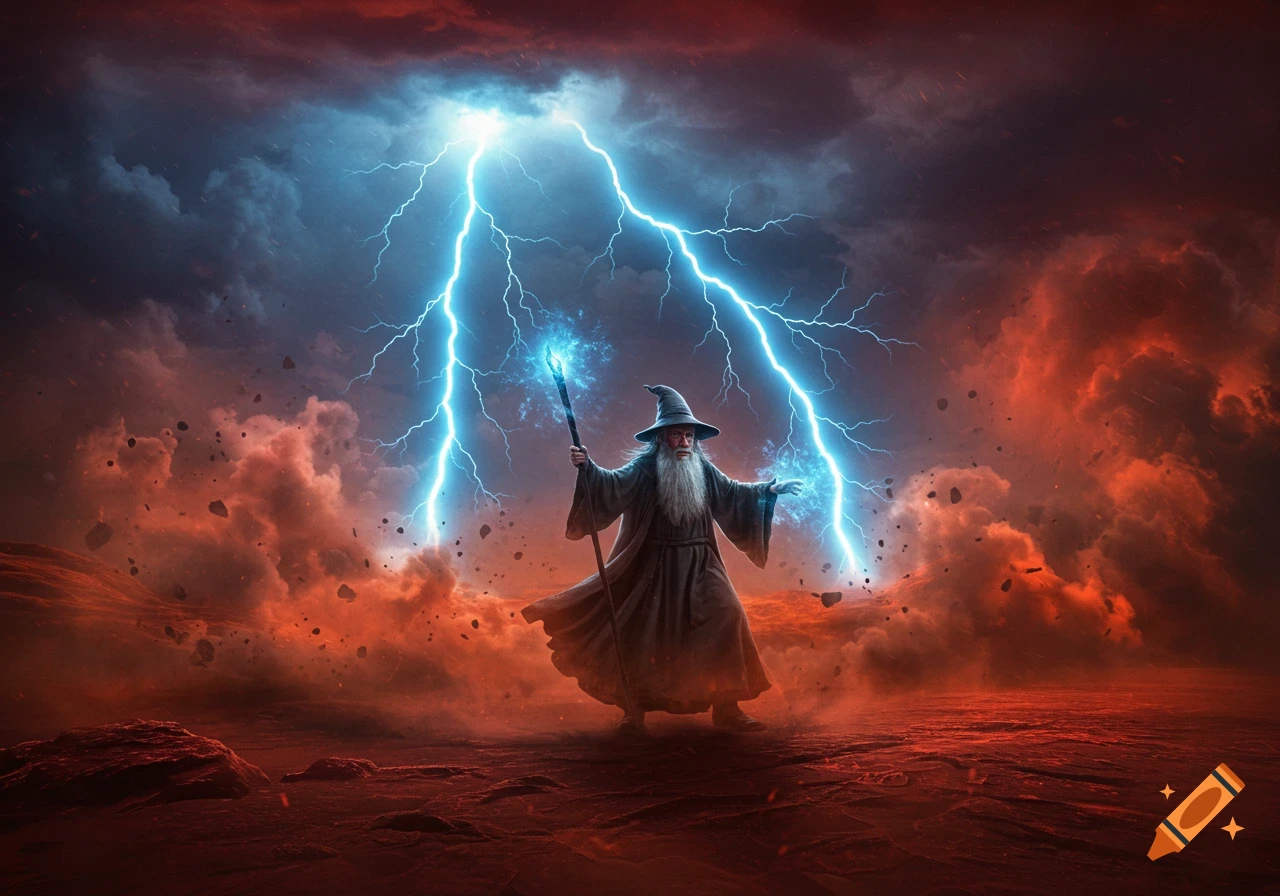 A wizard with a staff conjures blue lightning in a fiery red, stormy landscape.