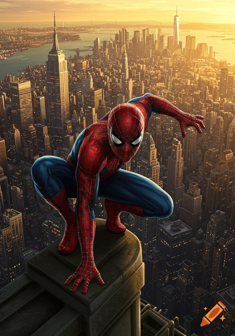 Spider-Man crouches on a skyscraper rooftop overlooking a vibrant New York City skyline at sunset, comic art style.