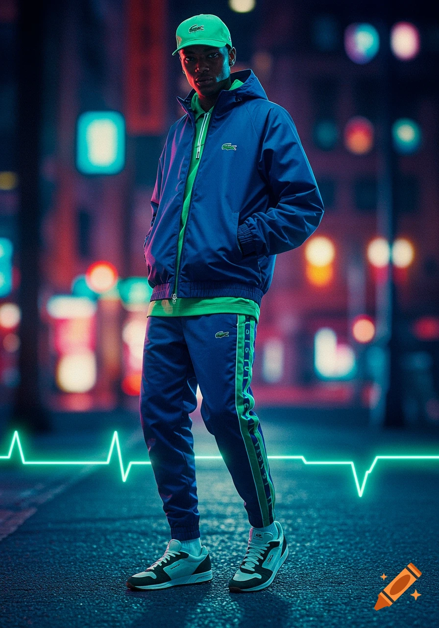 Young man in a blue and green Lacoste tracksuit and cap poses in a neon-lit urban setting with a glowing pulse line.