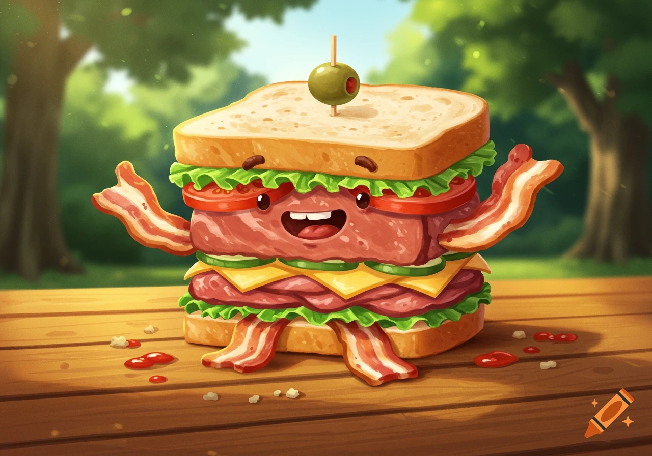 A happy, cartoon anthropomorphic sandwich made of bread, meat, lettuce, tomatoes, cheese, and bacon, with an olive, stands on a wooden table in a park.