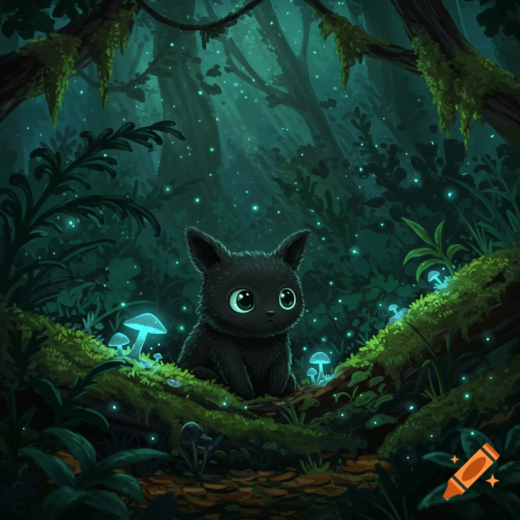 A cute black creature with big eyes sits in a dark, magical forest with glowing blue mushrooms and fireflies.