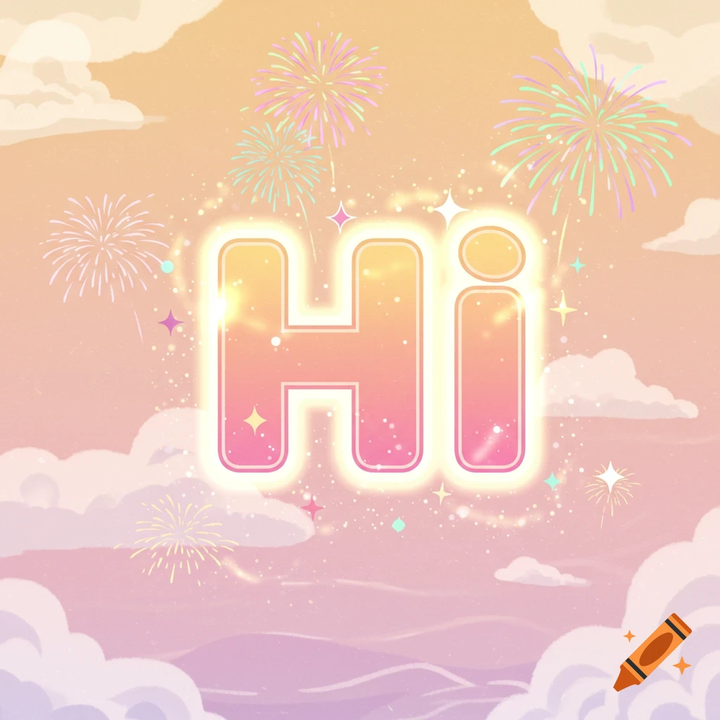 Bright, glowing 'HI' text in pink and yellow, surrounded by colorful fireworks and sparkles against a pastel pink and orange cloudy sky in a cartoon style.