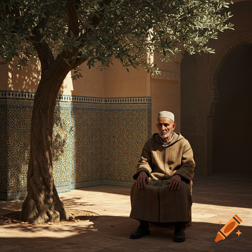 Elderly Moroccan man in a brown robe sits under a tree in a sunlit courtyard with traditional tiled walls.