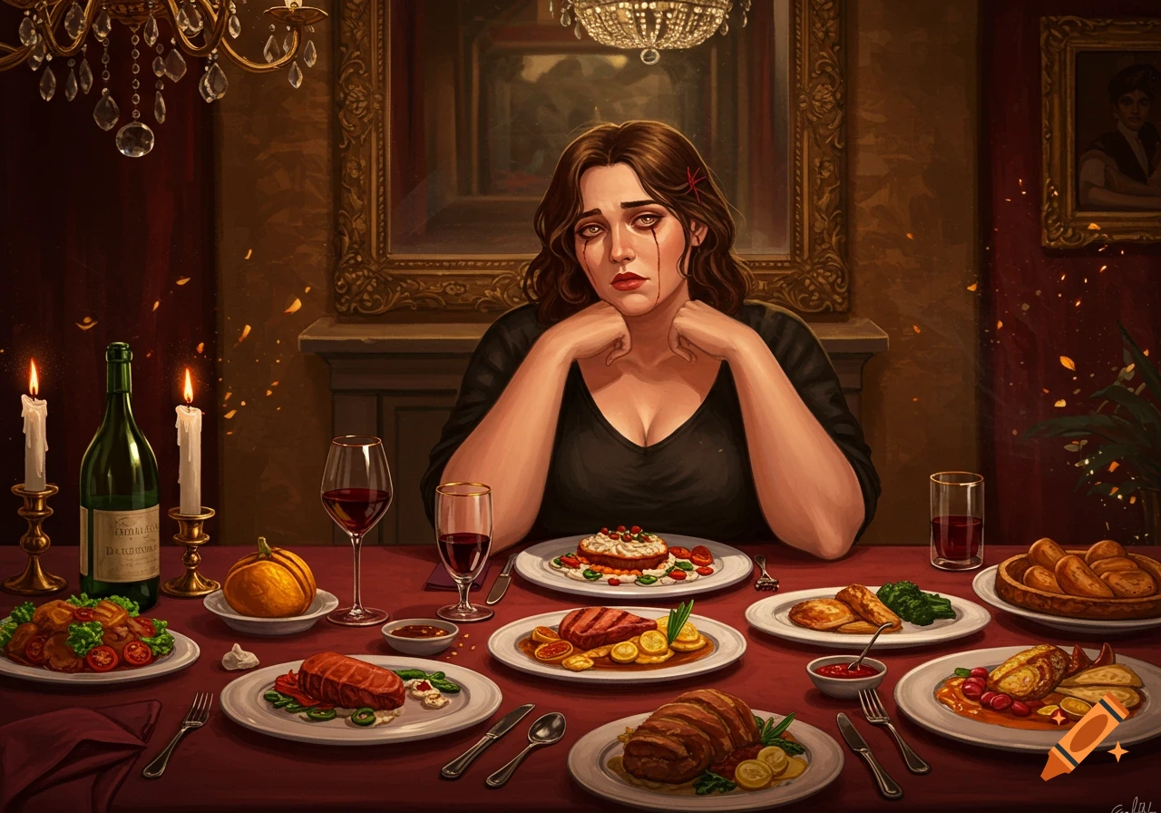 An illustrative painting of a sad woman with tear-streaked makeup, sitting at a candlelit dining table laden with various dishes.