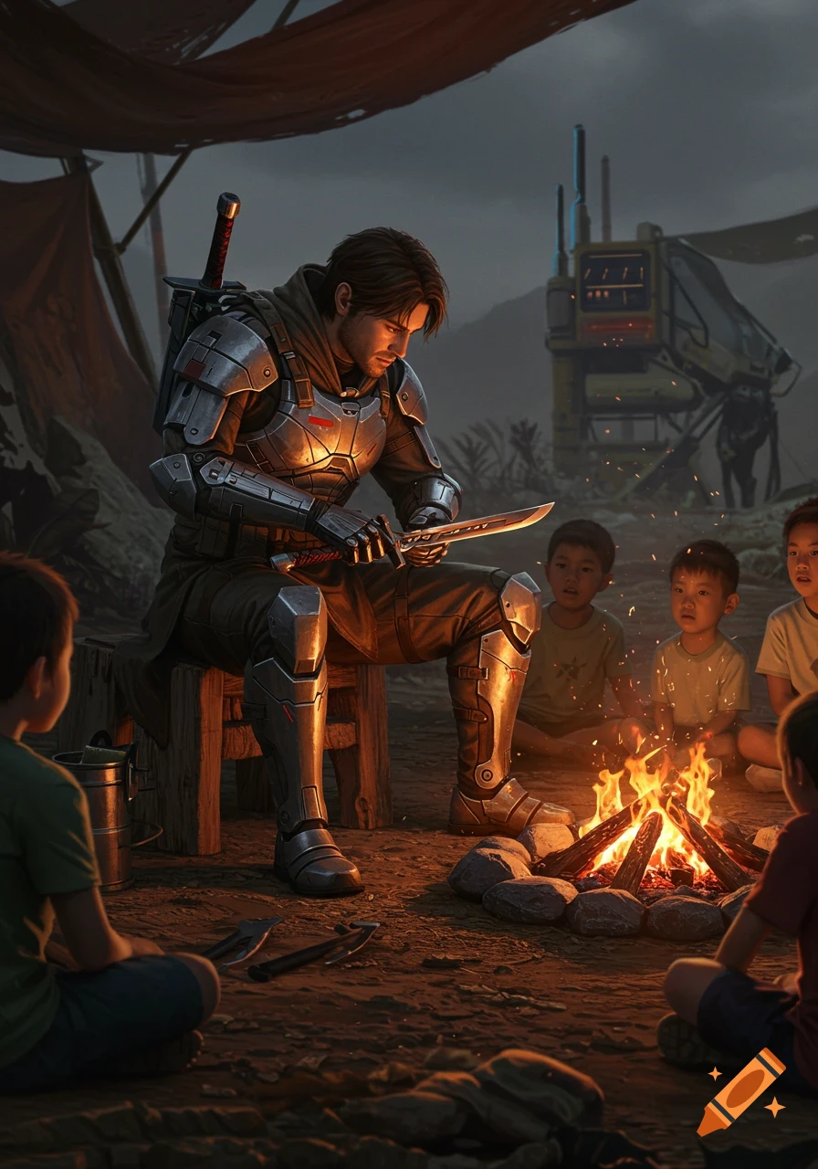 A photorealistic image of a futuristic soldier sharpening his sword by a campfire, surrounded by watching children.