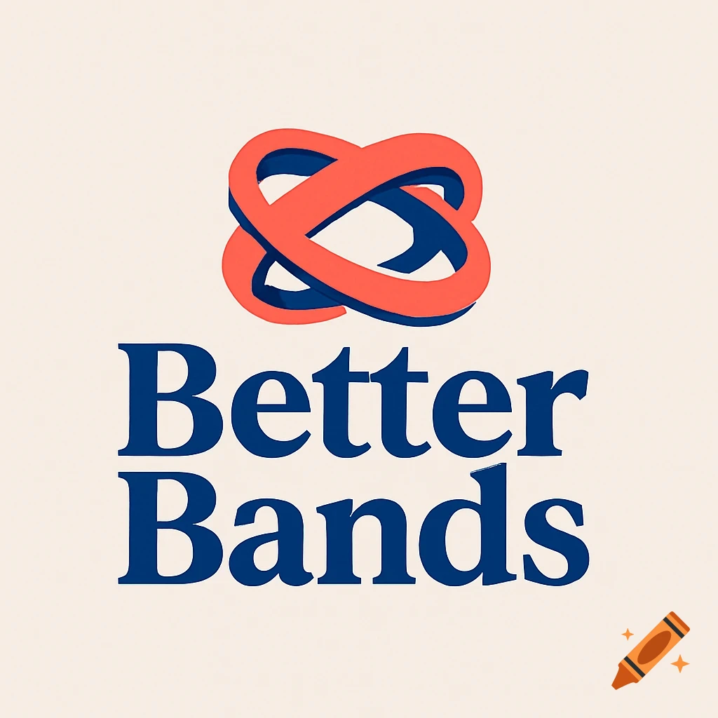 Logo with an interlocking orange and blue abstract symbol above dark blue text "Better Bands" on a light cream background.