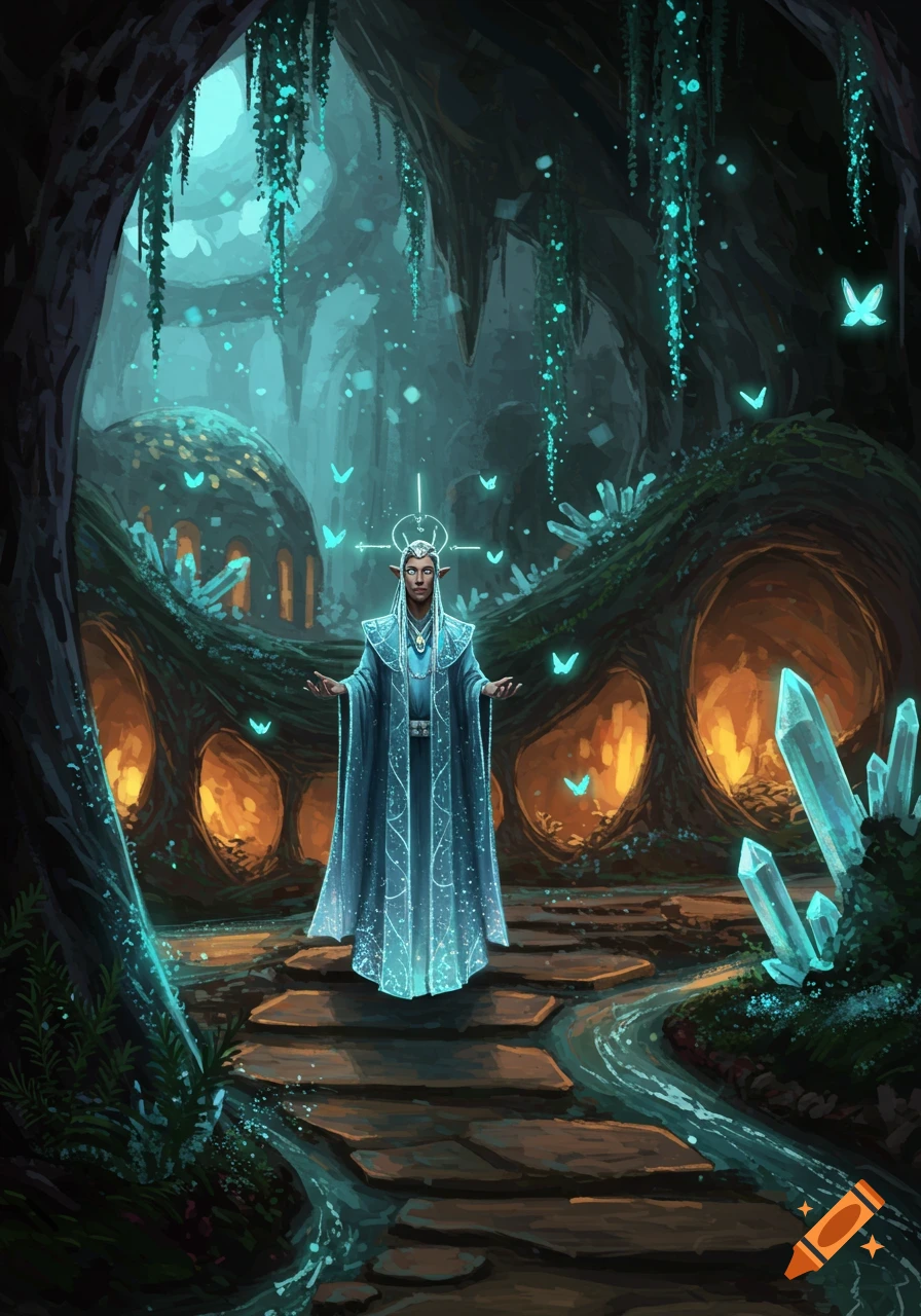 An elf-like figure in glowing robes stands in a mystical cave with bioluminescent plants and crystals.