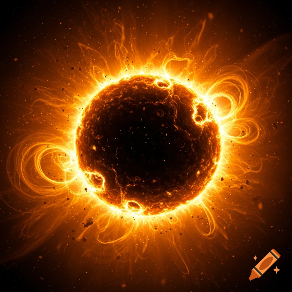 A vibrant orange and yellow celestial body, resembling a sunspot or star, glows intensely with energetic tendrils in dark space.
