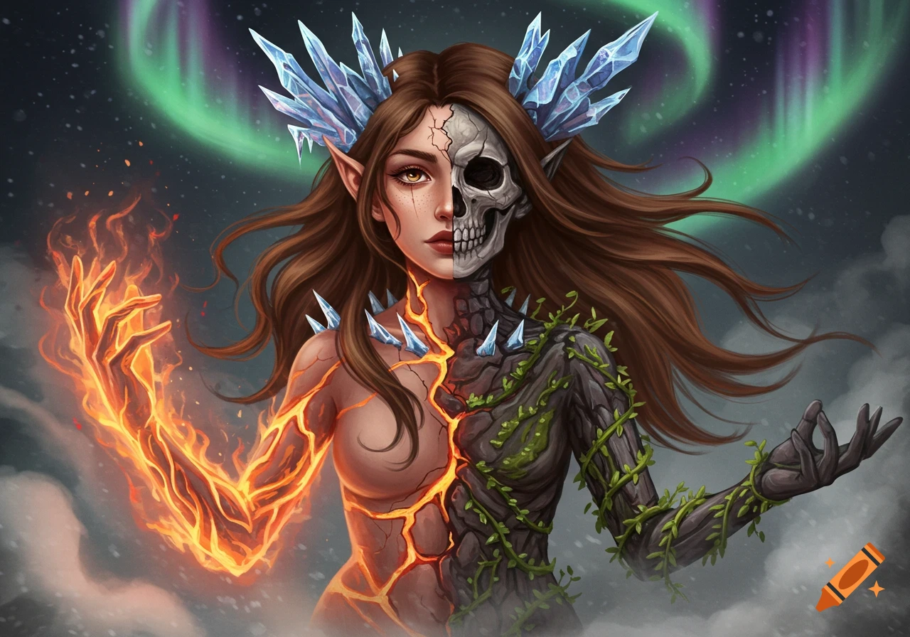 Fantasy portrait of a woman with long brown hair, half human and half skull face, with one arm made of magma and the other covered in vines. Ice spikes adorn her head and neck, with an aurora in the background.