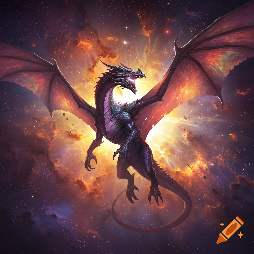 A majestic, dark-scaled dragon with large wings flies through space, illuminated by the fiery glow of a supernova.