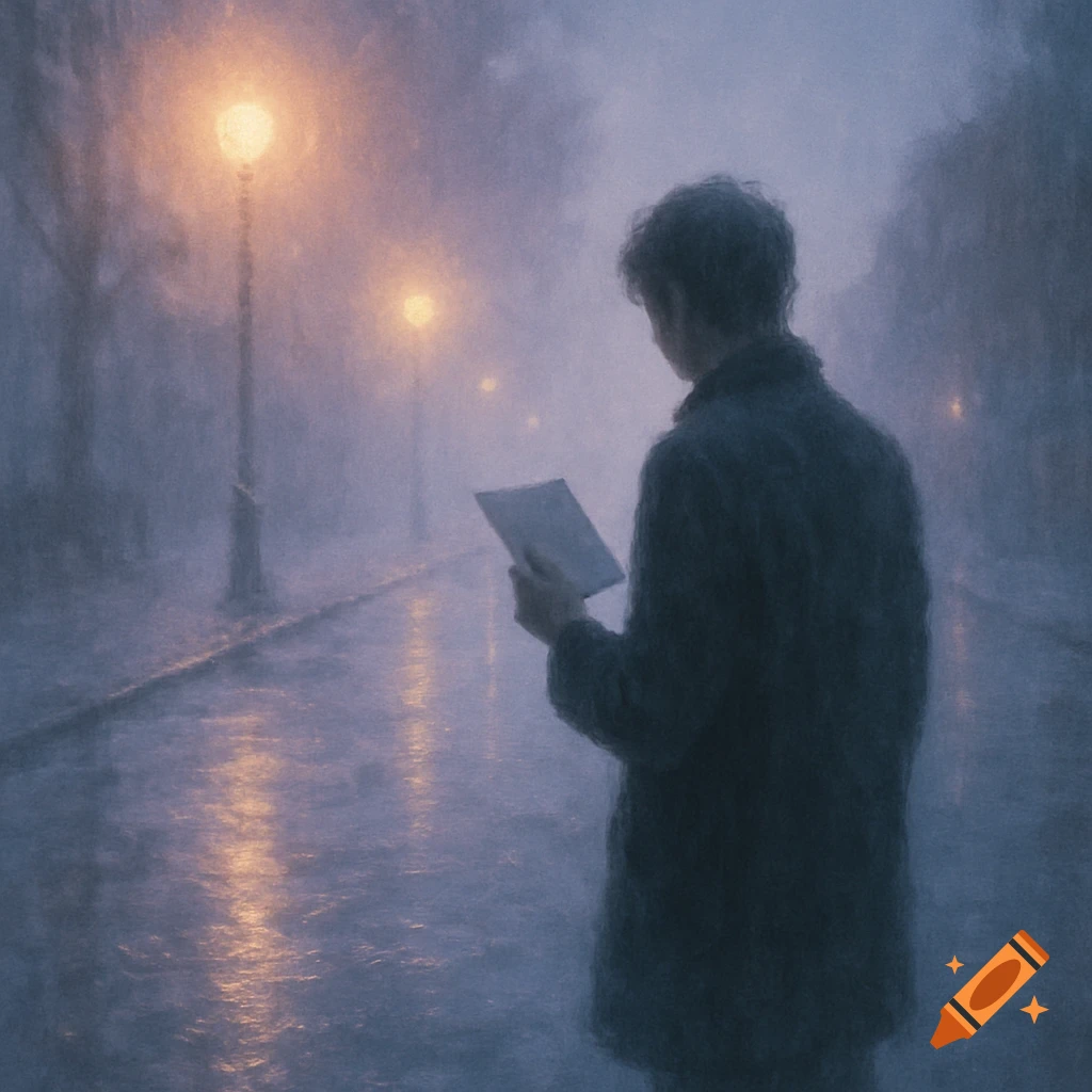 A person in a dark coat stands on a rainy street at night, holding a paper, illuminated by glowing streetlights in a soft focus, melancholic scene.
