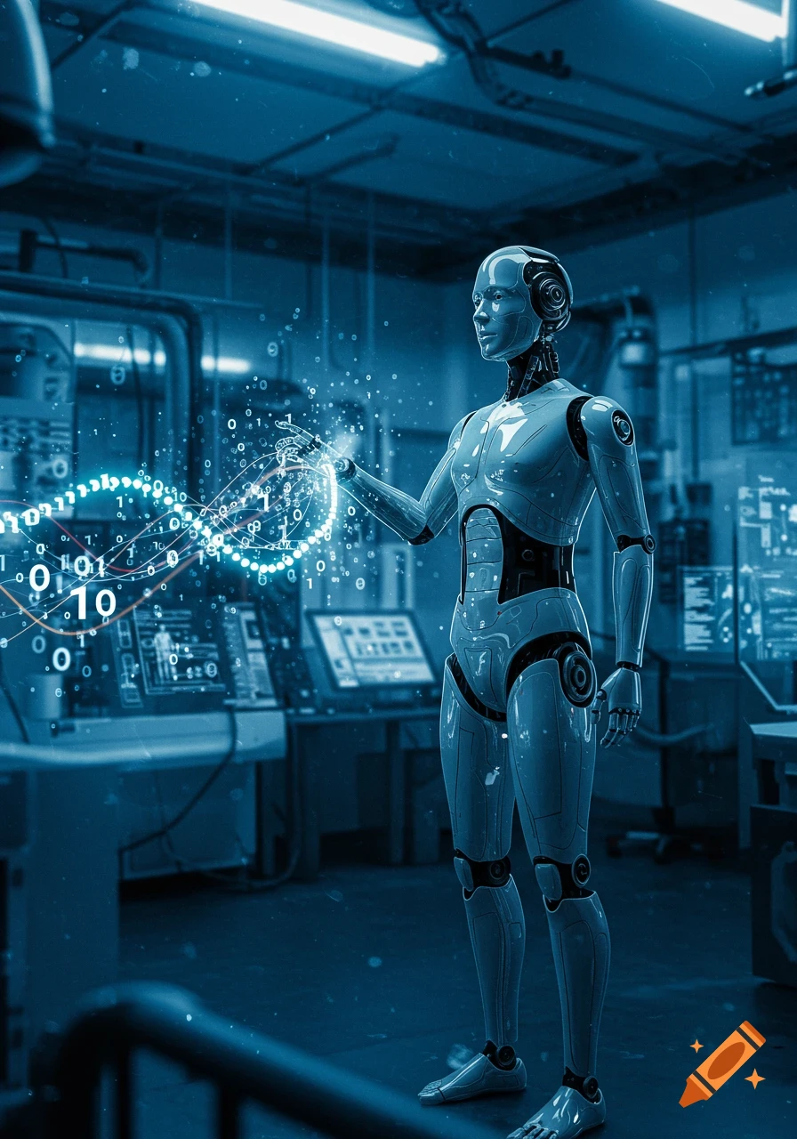 A futuristic robot in a blue-lit lab interacts with glowing digital data streams.