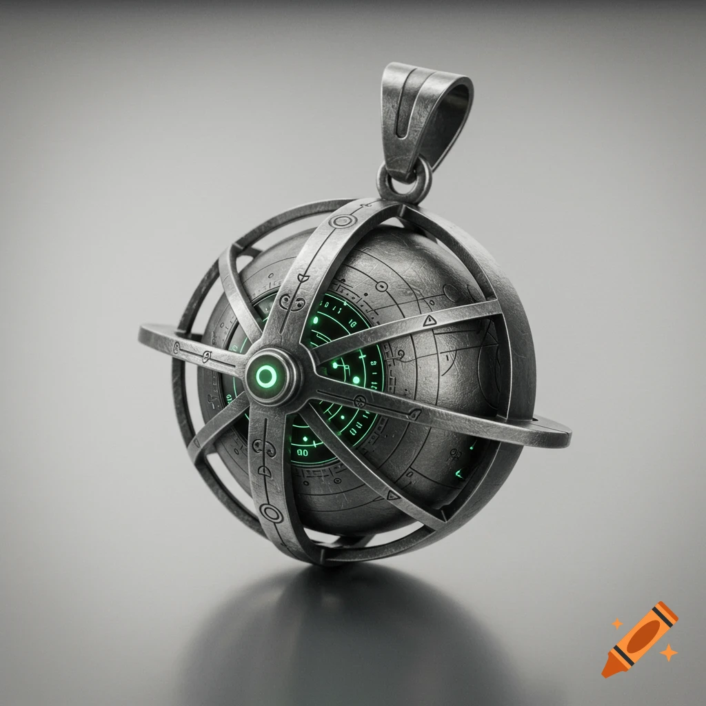A photorealistic close-up of a steel interdimensional compass pendant with glowing green elements, against a grey background.