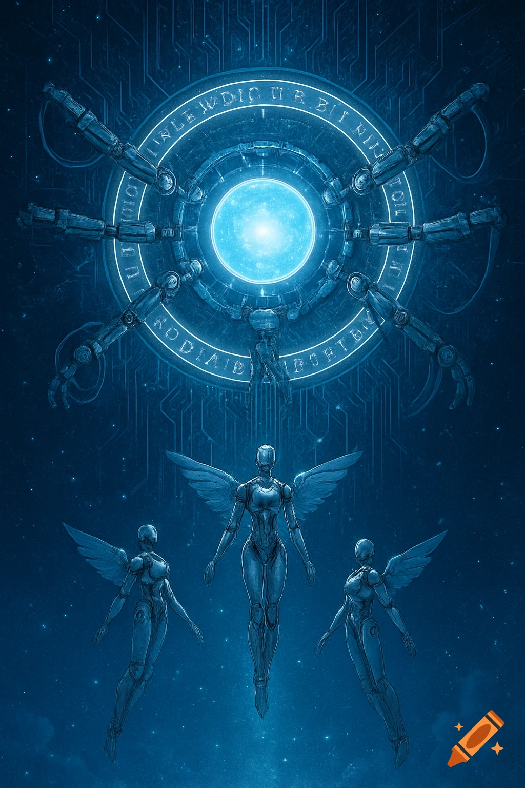 Three angelic robot figures ascend towards a glowing blue orb at the center of a circular celestial control hub with robotic arms and mythic glyphs, set against a star-filled, circuit-patterned blue cosmic background.