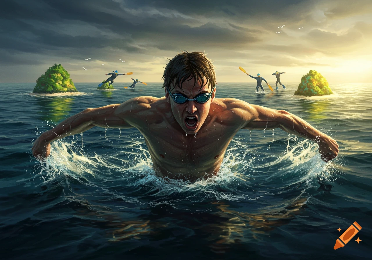 Muscular man swims butterfly stroke in dark ocean with intense expression, distant glowing islands under a cloudy, sunlit sky.