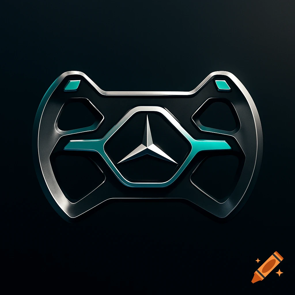 Stylized metallic Mercedes logo with teal accents on a dark background, resembling a futuristic emblem.