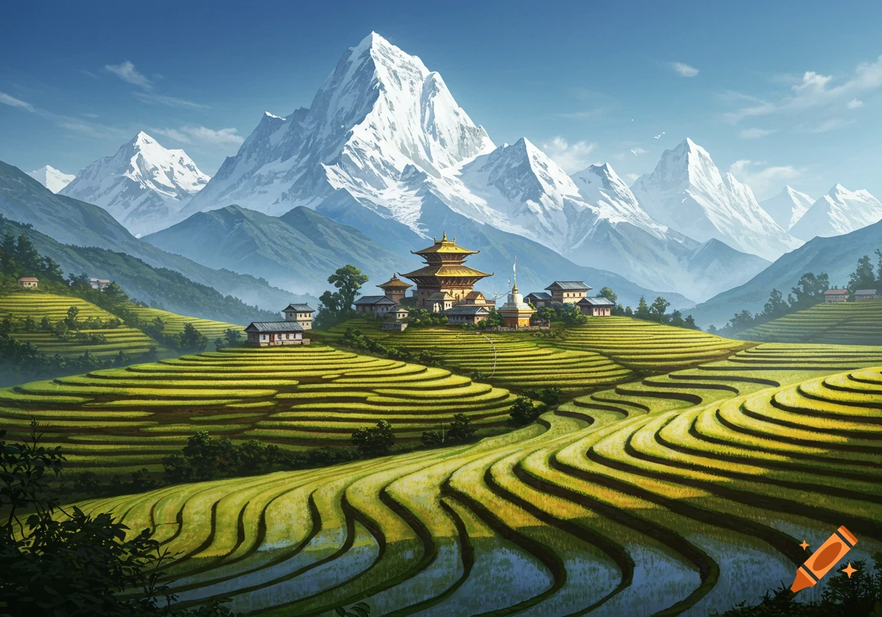 A vibrant illustration of snow-capped mountains towering over a valley with green rice terraces and traditional Nepalese-style buildings.