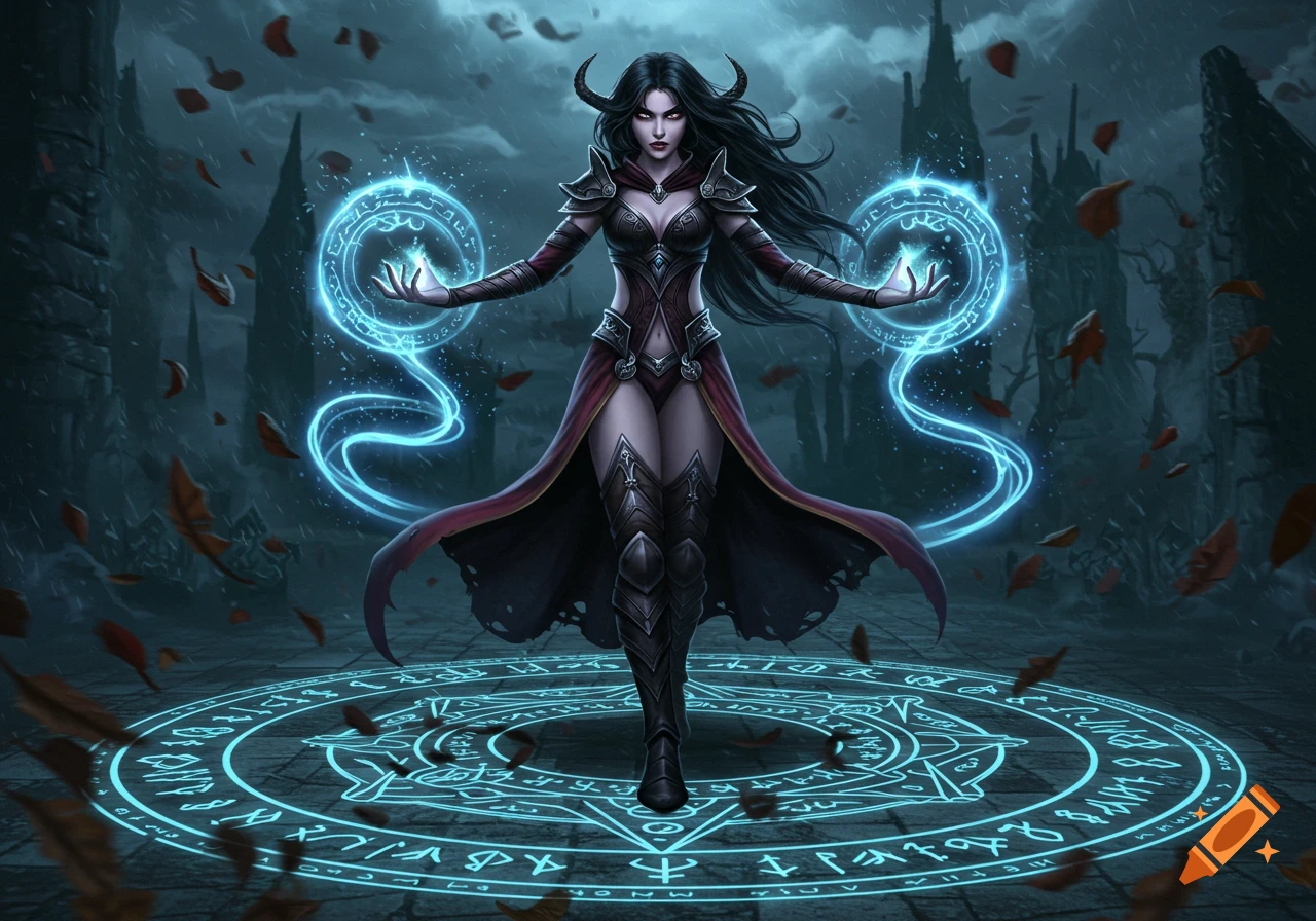 A horned sorceress in dark fantasy attire stands on a glowing magic circle, casting blue energy from her hands in a ruined, dark landscape.