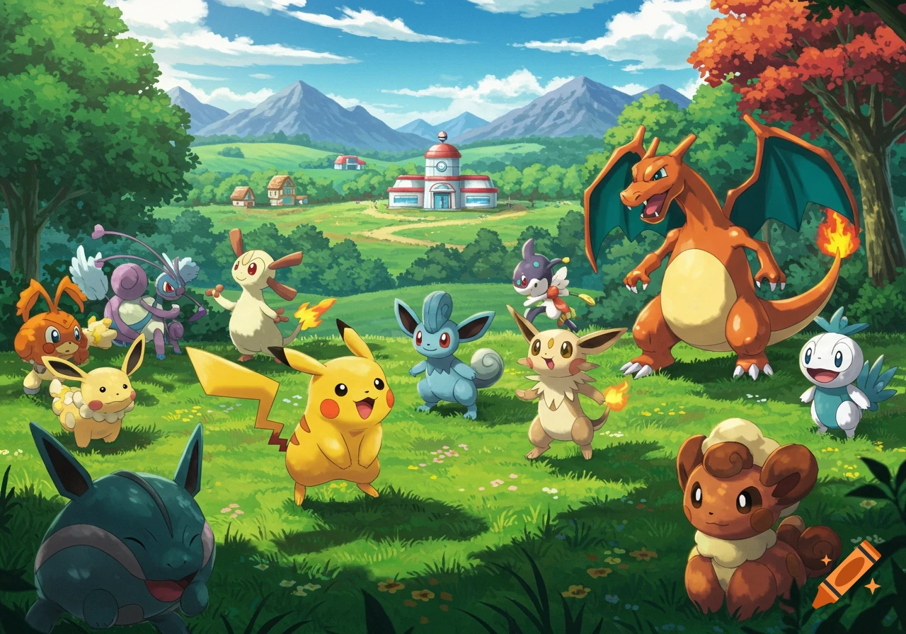 Many diverse Pokémon characters including Pikachu and Charizard in a vibrant green field with mountains and a building under a blue sky, anime style.