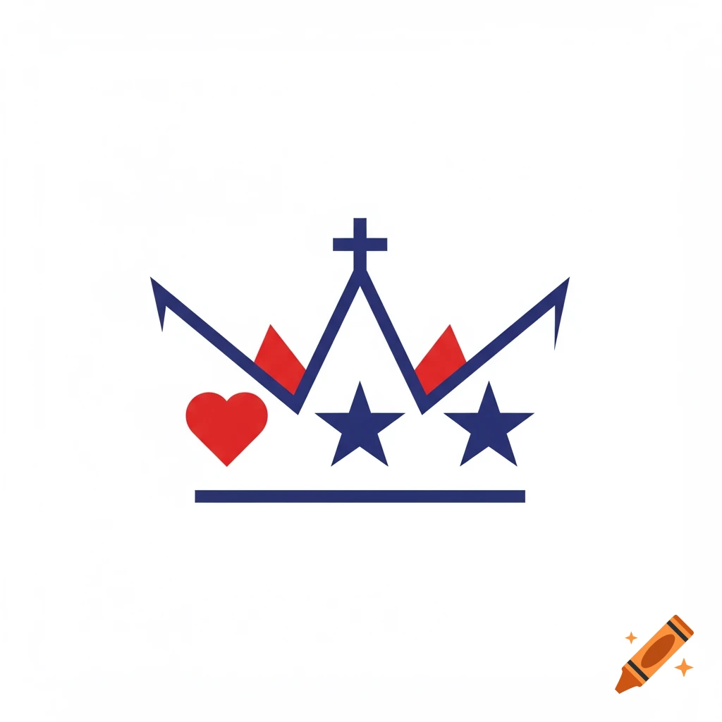 A minimalist vector logo of a crown featuring a cross, a heart, and two stars on a white background.