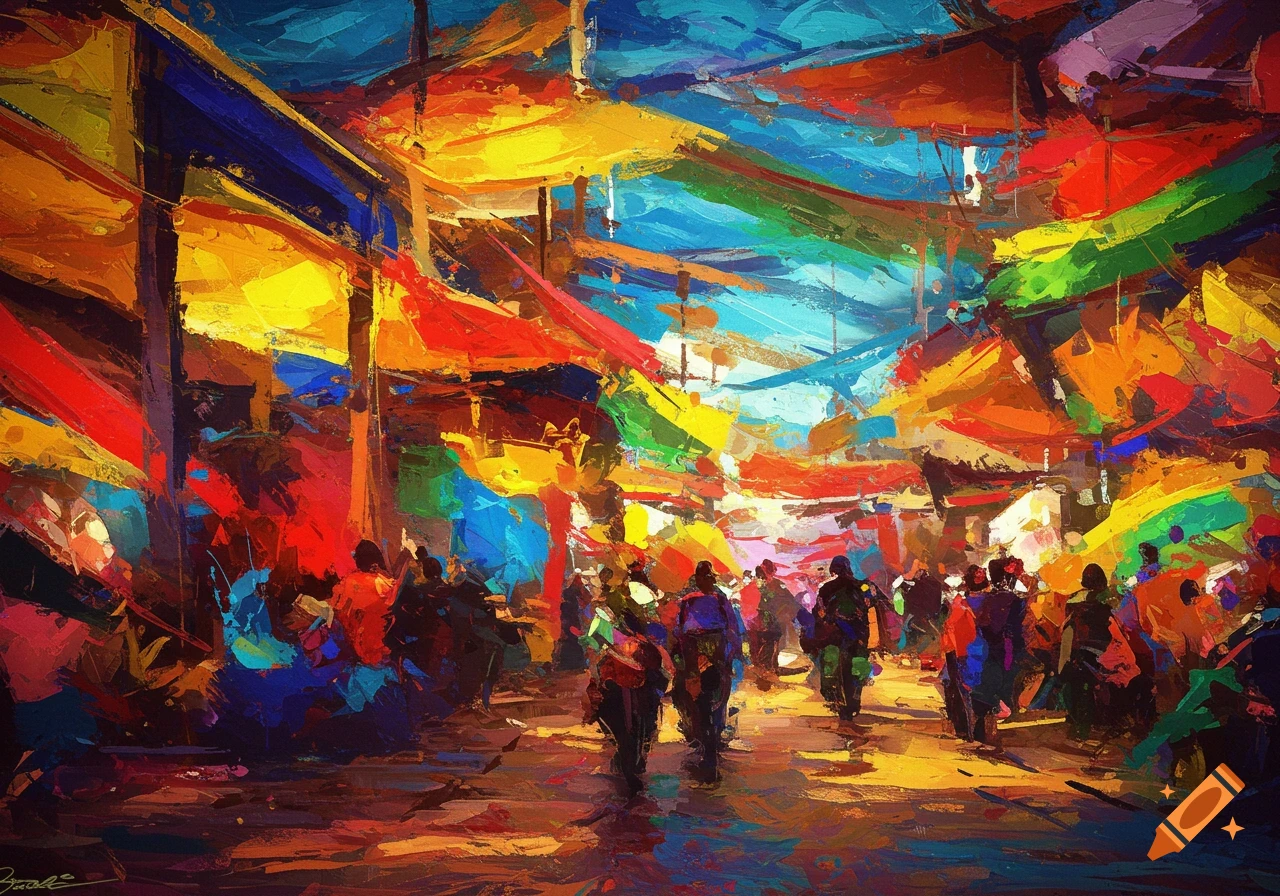 An impressionistic painting of a bustling market scene with many colorful stalls and silhouetted figures walking through a vibrant array of red, yellow, blue, and orange hues.
