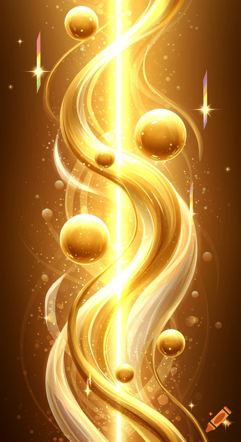 Abstract golden glowing energy waves with luminous orbs and sparkling particles on a dark background.