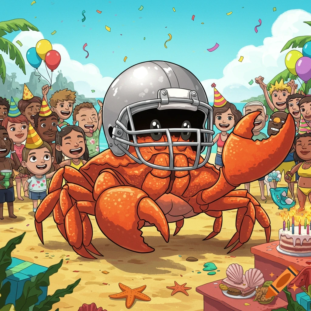 Cartoon of a giant crab wearing a football helmet, smiling at a beach birthday party with many diverse people.