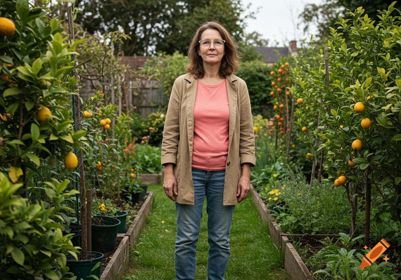 A woman with glasses, wearing a tan jacket and jeans, stands in a lush garden path between rows of fruit trees.