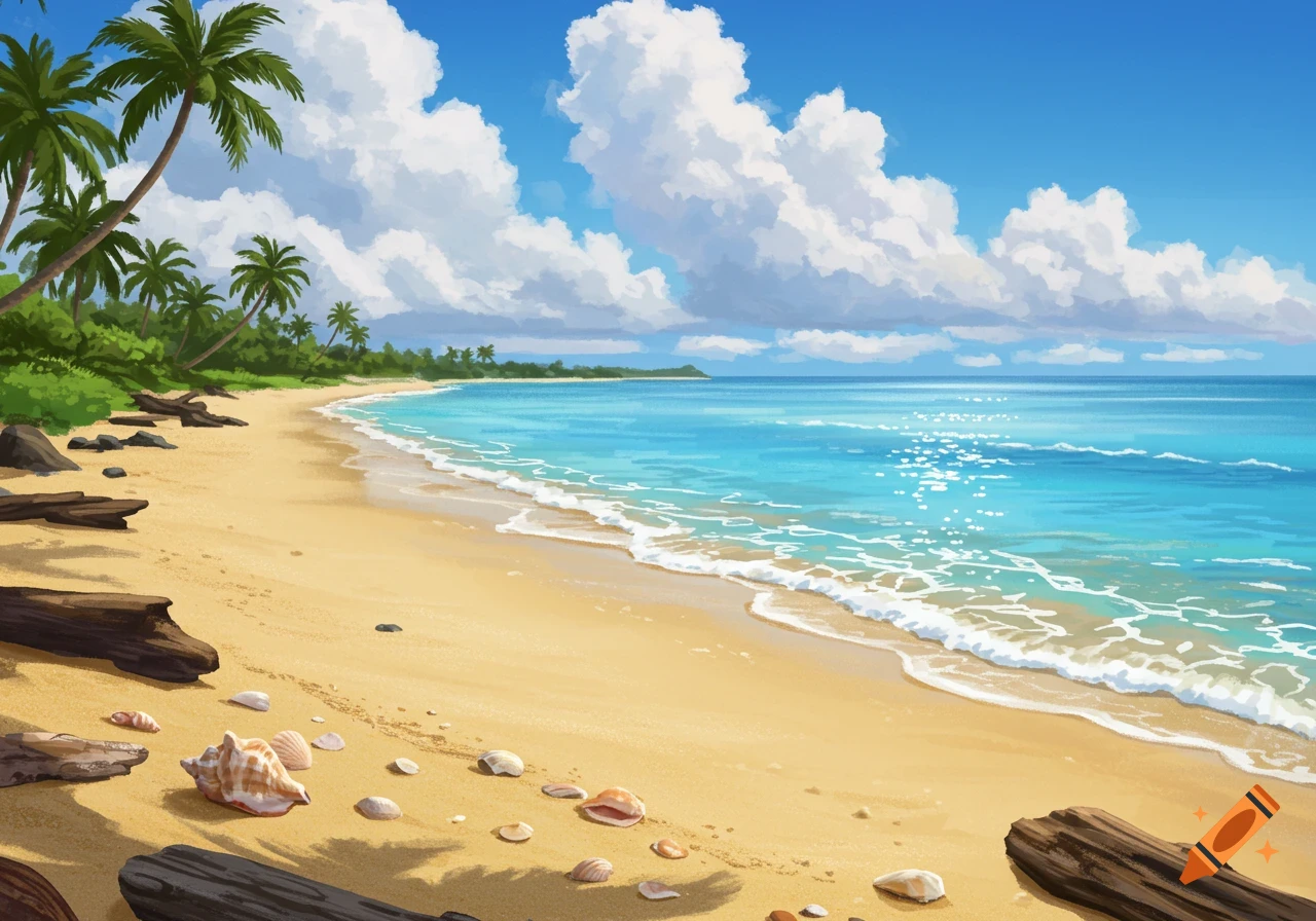 A vibrant tropical beach with golden sand, palm trees, clear blue ocean waves, and a bright blue sky with fluffy white clouds, in an illustrative style.