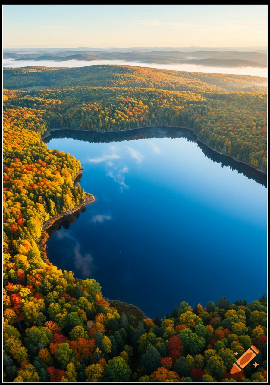Aerial view of a vibrant autumn forest surrounding a deep blue lake with misty hills in the background at sunrise.