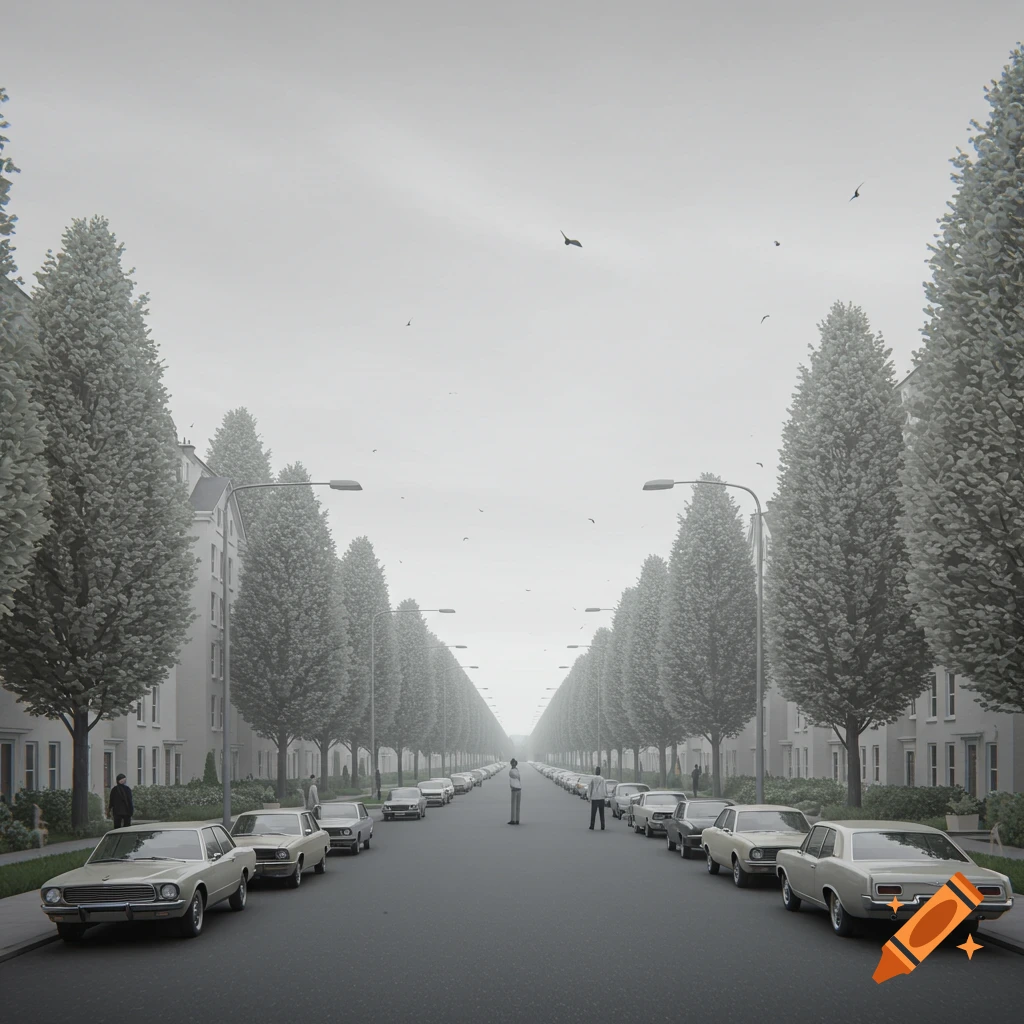 A long, monotonous, monochromatic street lined with uniform trees, parked cars, and buildings under a misty sky, with a few people.