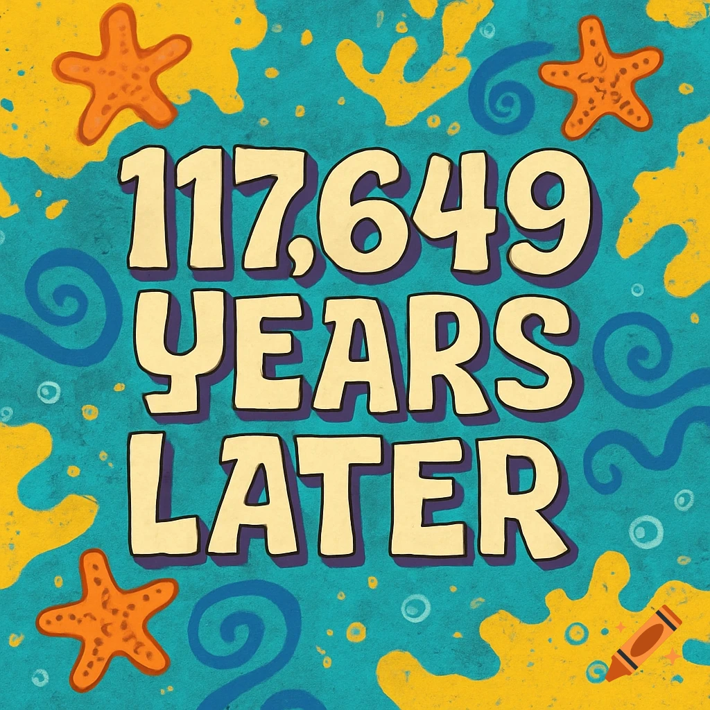 Cartoon SpongeBob-style time card with '117,649 YEARS LATER' in bold letters, surrounded by starfish and coral.