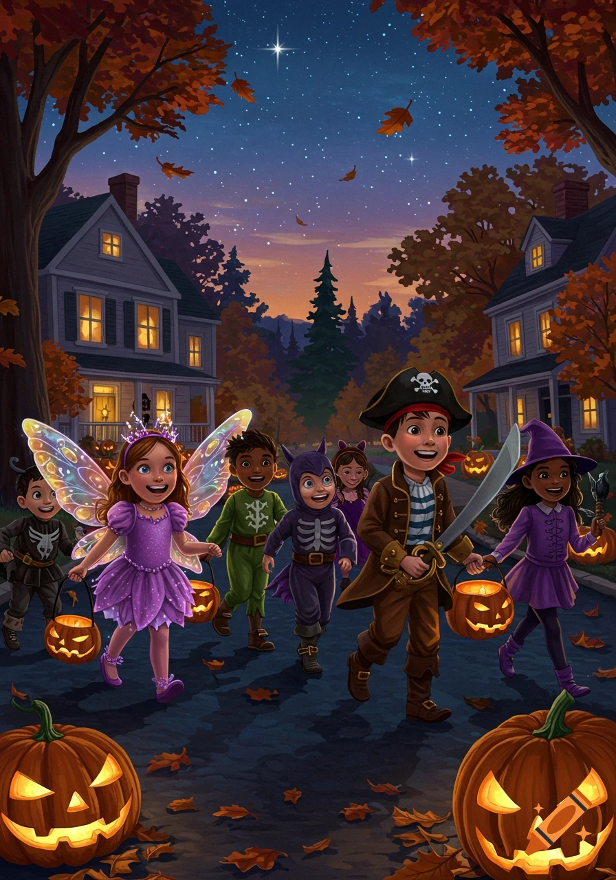Group of diverse children in Halloween costumes trick-or-treating on a suburban street at twilight, with glowing jack-o'-lanterns and autumn leaves. Illustrated.