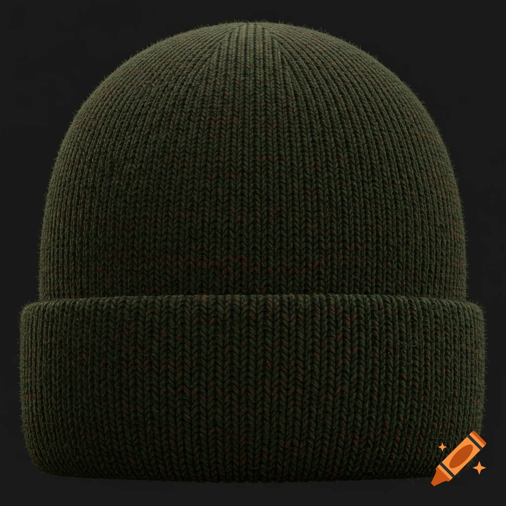 A close-up, photorealistic rendering of a dark green knitted beanie hat with a folded brim, against a dark background.