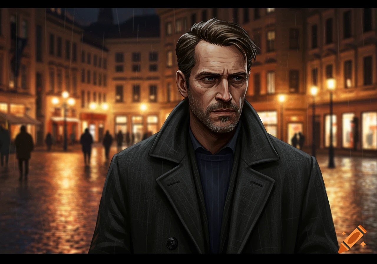 A serious man with a beard and dark coat stands in a rainy, lamp-lit city street at night, in a stylized illustration.