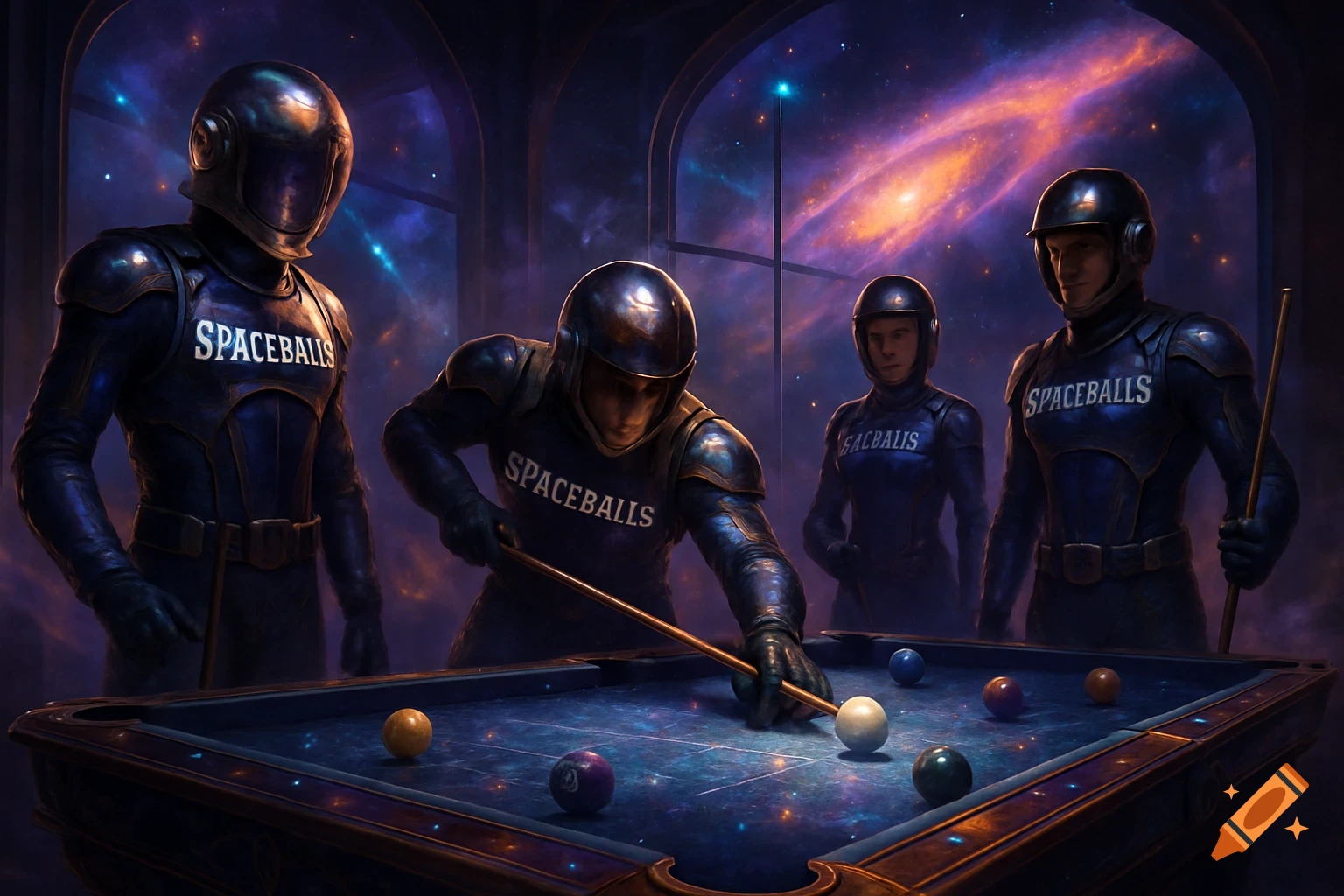 Four armored figures in 'SPACEBALLS' uniforms play pool in a cosmic-themed room with a galaxy visible outside.
