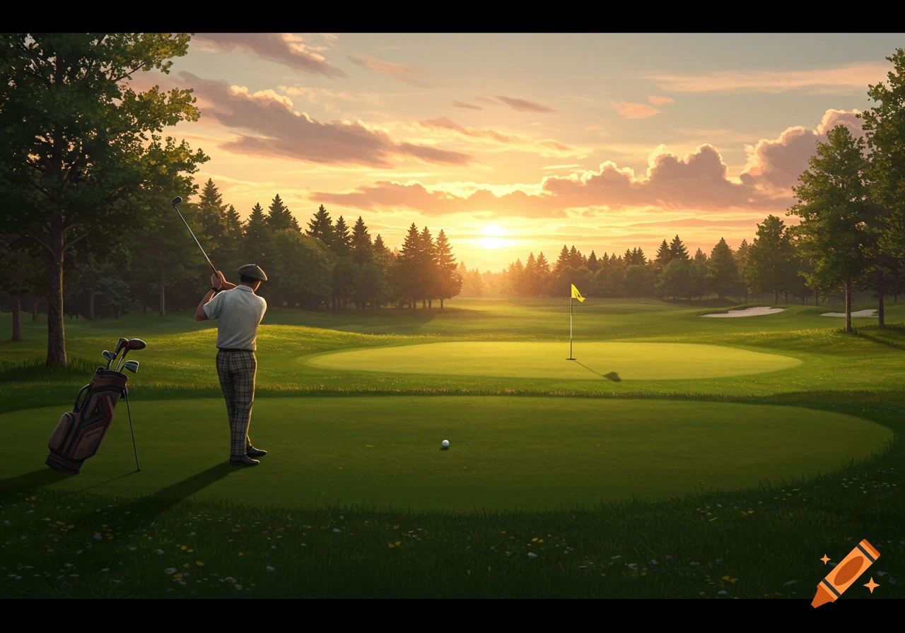 A golfer swings his club on a vibrant green golf course with a bright sunset in the background.